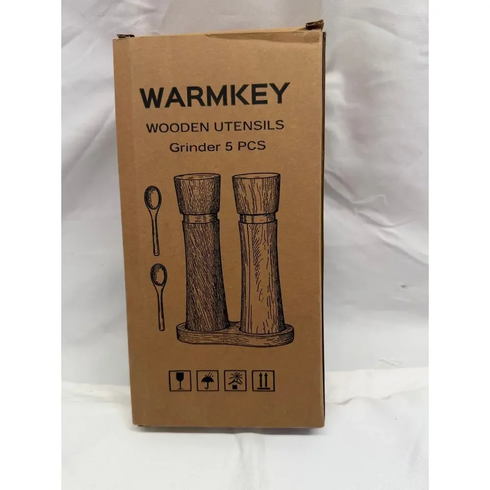 [NIB] Warmkey Wooden Salt and Pepper Grinder Set with Wooden Tray & Spoons